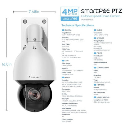 Amcrest 4MP Outdoor PTZ POE + IP Camera Pan Tilt Zoom (Optical 32x Motorized) UltraHD POE+ Camera Security Speed Dome, CMOS Image Sensor, 492ft Night Vision, POE+ (802.3at) IP67, 4MP, IP4M-1083EW-AI
