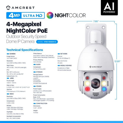 Amcrest 4MP Outdoor PTZ POE+ IP Camera PTZ Optical 25x IP4M-1093EW-AI