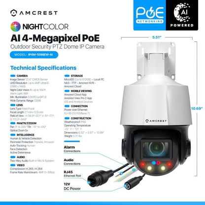 Amcrest 4MP Outdoor PTZ POE+ IP Camera PTZ 5X Optical Zoom IP4M-1098EW-AI