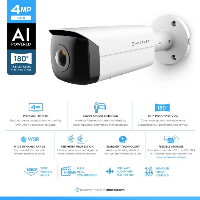 Amcrest 4MP Panoramic IP PoE AI Camera 180° FOV IP4M-PB181EW-AI