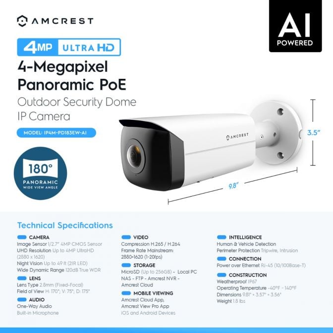 Amcrest 4MP Panoramic IP PoE AI Camera 180° FOV IP4M-PB181EW-AI