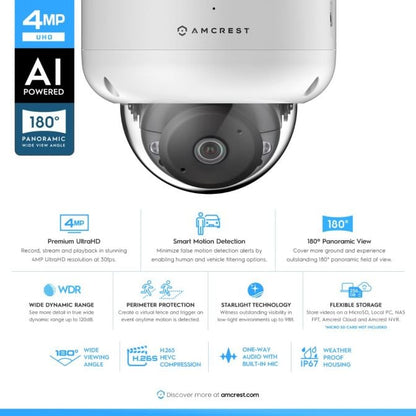 Amcrest 4MP Panoramic IP PoE AI Dome Camera 180° FOV IP4M-PD183EW-AI