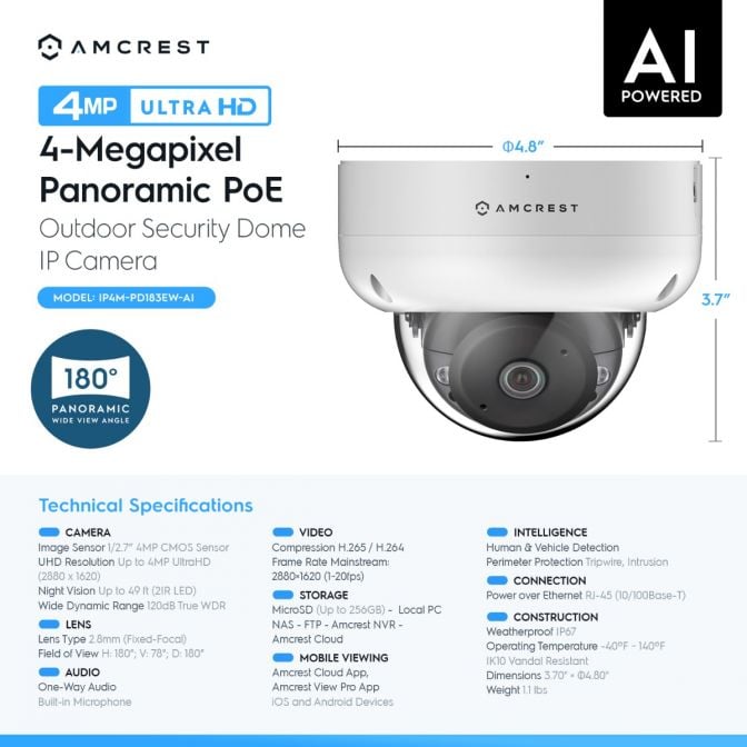 Amcrest 4MP Panoramic IP PoE AI Dome Camera 180° FOV IP4M-PD183EW-AI