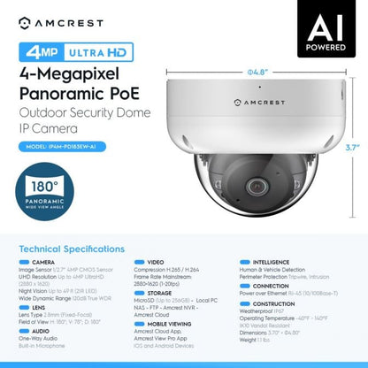 Amcrest 4MP Panoramic IP PoE AI Dome Camera 180° FOV IP4M-PD183EW-AI