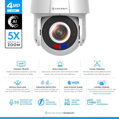 Amcrest 4MP Outdoor PTZ POE AI IP Camera Pan Tilt Zoom Security Speed Dome, Human Detection, 98ft Night Vision, Tripwire & Intrusion, POE (802.3at) IP4M-S2112EW-AI