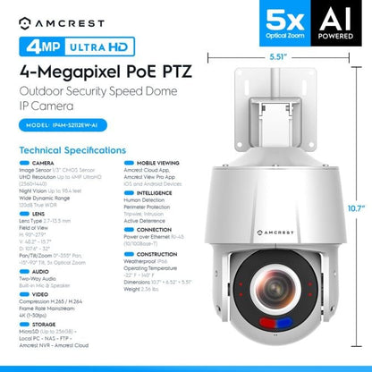 Amcrest 4MP Outdoor PTZ POE AI IP Camera Pan Tilt Zoom Security Speed Dome, Human Detection, 98ft Night Vision, Tripwire & Intrusion, POE (802.3at) IP4M-S2112EW-AI
