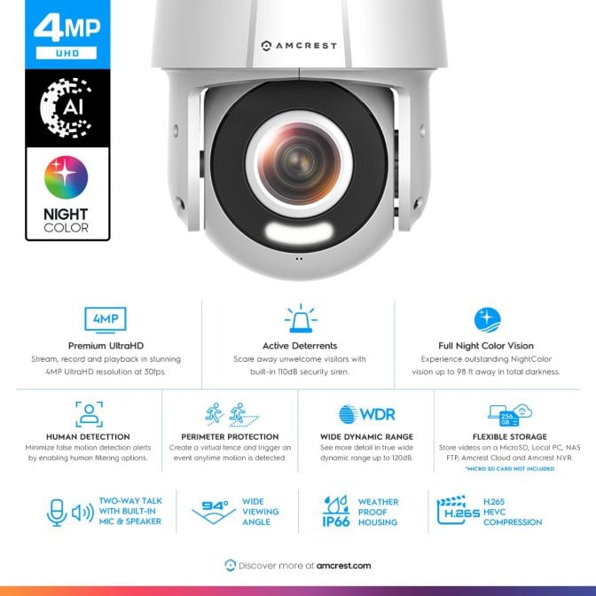 Amcrest 4MP Outdoor PT POE AI IP Camera Pan Tilt Security Speed Dome, Human Detection, Tripwire & Intrusion, POE (802.3at) IP4M-SN2110EW-AI