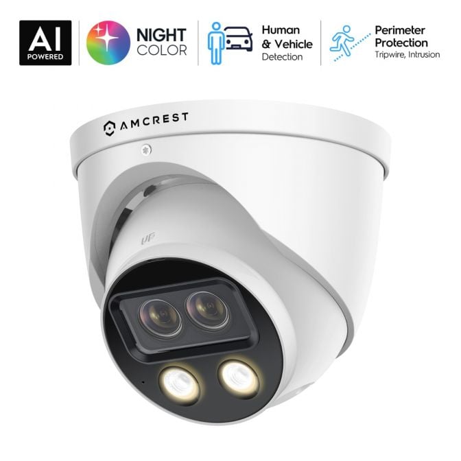 Amcrest Dual-Lens 2K (2 x 2K) AI Outdoor Security Turret IP POE Camera, 4MP (2 x 4MP) @25fps, 0.0002lux@F1.0, 164ft Color Night Vision, Vehicle/Human Detection, Mic, Siren, IP4M-T1044EW-AI