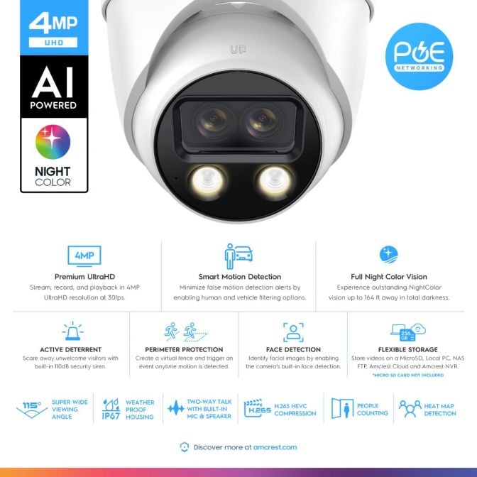 Amcrest Dual-Lens 2K (2 x 2K) AI Outdoor Security Turret IP POE Camera, 4MP (2 x 4MP) @25fps, 0.0002lux@F1.0, 164ft Color Night Vision, Vehicle/Human Detection, Mic, Siren, IP4M-T1044EW-AI