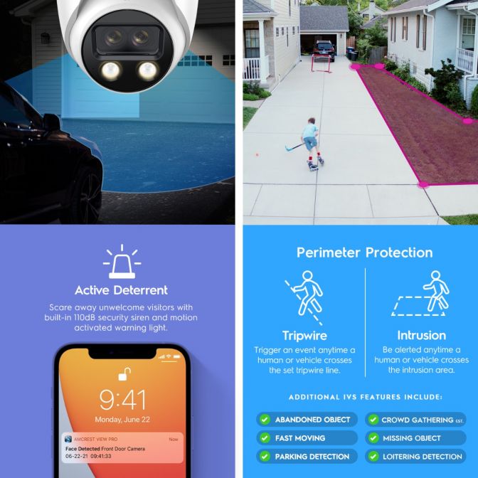 Amcrest Dual-Lens 2K (2 x 2K) AI Outdoor Security Turret IP POE Camera, 4MP (2 x 4MP) @25fps, 0.0002lux@F1.0, 164ft Color Night Vision, Vehicle/Human Detection, Mic, Siren, IP4M-T1044EW-AI