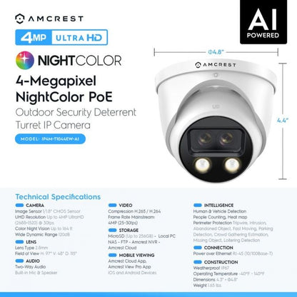 Amcrest Dual-Lens 2K (2 x 2K) AI Outdoor Security Turret IP POE Camera, 4MP (2 x 4MP) @25fps, 0.0002lux@F1.0, 164ft Color Night Vision, Vehicle/Human Detection, Mic, Siren, IP4M-T1044EW-AI