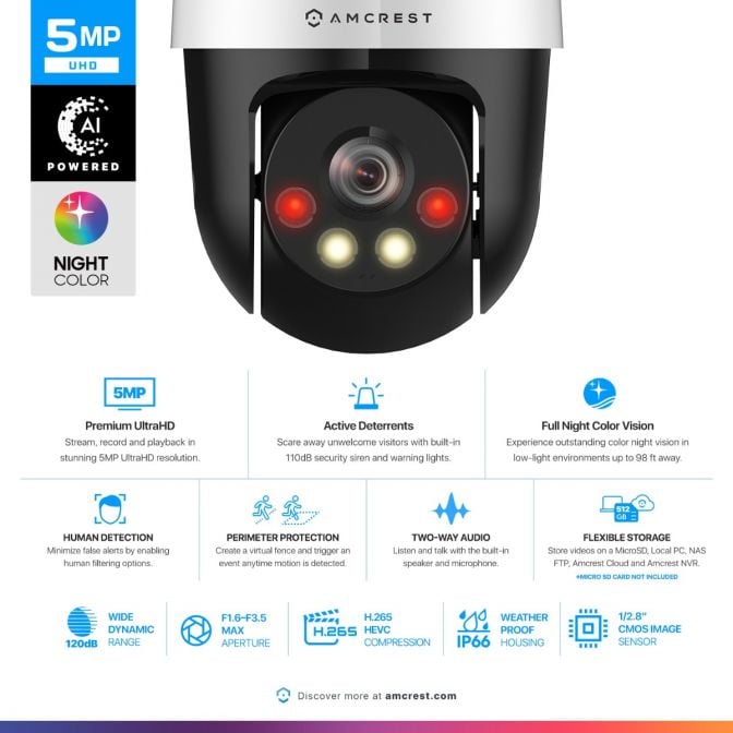 Amcrest 5MP UltraHD Mini AI Outdoor IP PoE Camera, Security IP Camera with Two-Way Audio, 98ft Full Color Night Vision, Remote Viewing, 5-Megapixel, Wide 104.8° FOV, IP5M-1190EW (White)