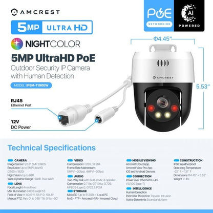 Amcrest 5MP UltraHD Mini AI Outdoor IP PoE Camera, Security IP Camera with Two-Way Audio, 98ft Full Color Night Vision, Remote Viewing, 5-Megapixel, Wide 104.8° FOV, IP5M-1190EW (White)
