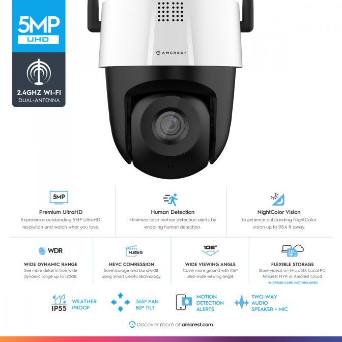 Amcrest 5MP UltraHD Mini Outdoor WiFi Camera, Security IP Camera with Manual Pan/Tilt, Two-Way Audio, Full Color Night Vision, Remote Viewing, 5-Megapixel, Wide 106° FOV, IP5M-1190W (White)
