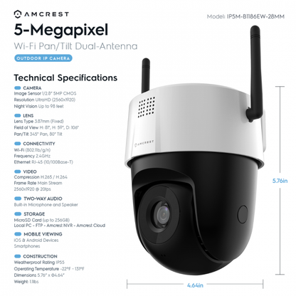 Amcrest 5MP UltraHD Mini Outdoor WiFi Camera, Security IP Camera with Manual Pan/Tilt, Two-Way Audio, Full Color Night Vision, Remote Viewing, 5-Megapixel, Wide 106° FOV, IP5M-1190W (White)