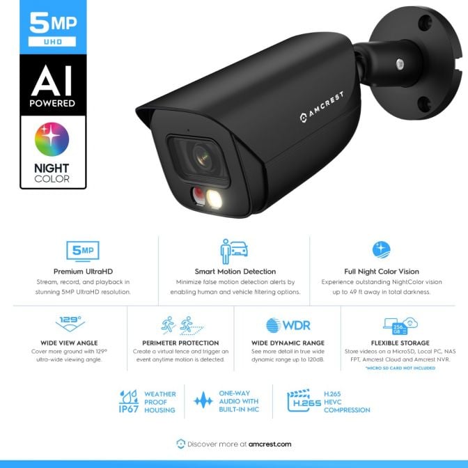 Amcrest 5MP AI IP PoE Bullet Cam IP5M-B1276EB-AI (Black)