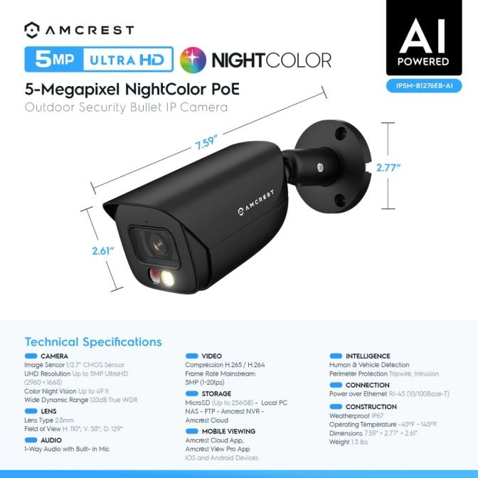 Amcrest 5MP AI IP PoE Bullet Cam IP5M-B1276EB-AI (Black)