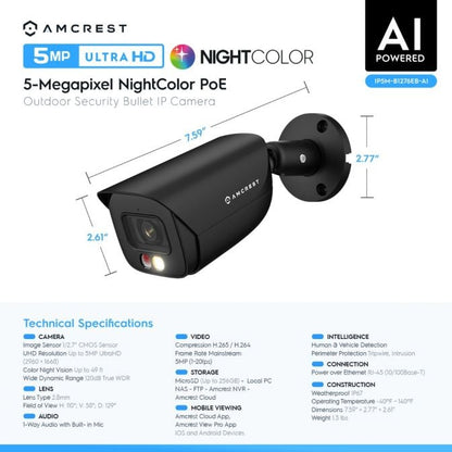 Amcrest 5MP AI IP PoE Bullet Cam IP5M-B1276EB-AI (Black)
