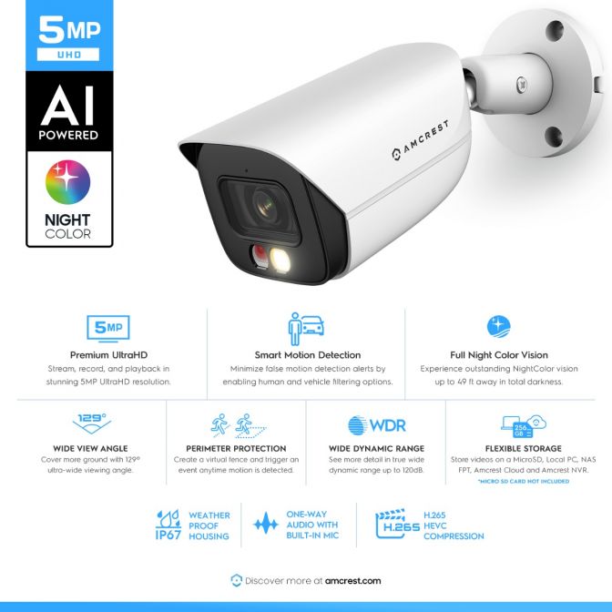 Amcrest 5MP Security Camera System, 4K 8CH PoE NVR, (4) x 5-Megapixel Night Color Bullet POE IP Cameras, Active Deterrent, Pre-Installed 2TB Hard Drive