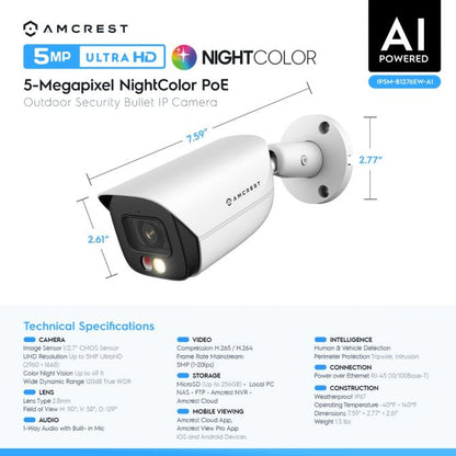 Amcrest 5MP Security Camera System, 4K 8CH PoE NVR, (4) x 5-Megapixel Night Color Bullet POE IP Cameras, Active Deterrent, Pre-Installed 2TB Hard Drive