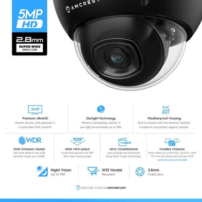 Amcrest 5MP Security System 8CH PoE NVR 4x 5MP Dome PoE Cameras 2TB Black