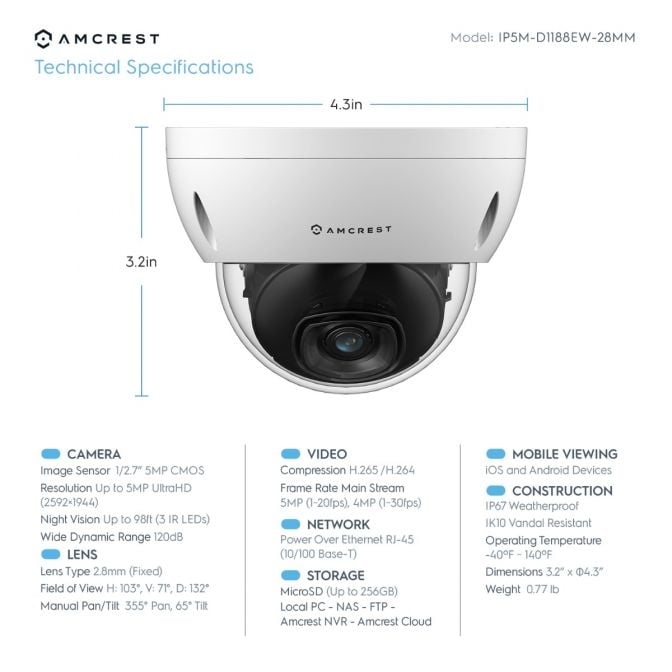 Amcrest 5MP System 16CH 8-Port PoE NVR 8x 5MP Dome PoE IP Cam 3TB HDD