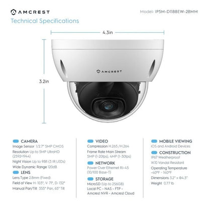 Amcrest 5MP System 16CH 8-Port PoE NVR 8x 5MP Dome PoE IP Cam 3TB HDD