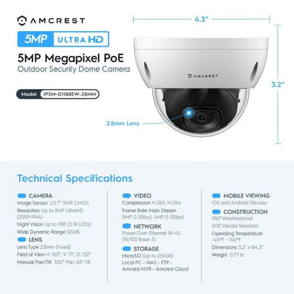 Amcrest 5MP Security System 8CH PoE NVR 4x 5MP Dome PoE Cameras 2TB