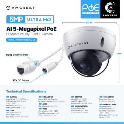 Amcrest 5MP Outdoor Security Dome IP PoE Camera IP5M-D1188EW-AI-V3 & IP5M-D1188EB-AI-V3