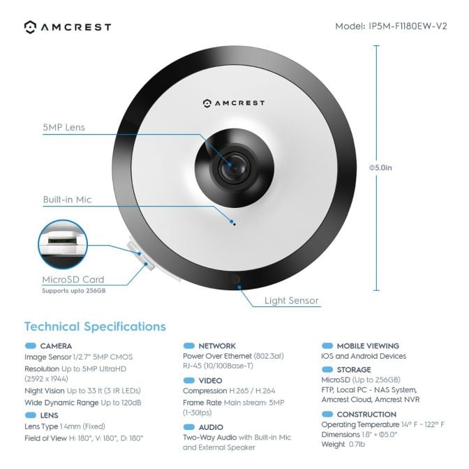 Amcrest 5MP Fisheye IP PoE Camera 360° Panoramic FOV IP5M-F1180EW-V2