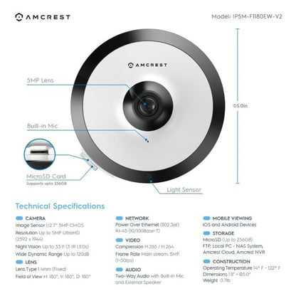 Amcrest 5MP Fisheye IP PoE Camera 360° Panoramic FOV IP5M-F1180EW-V2