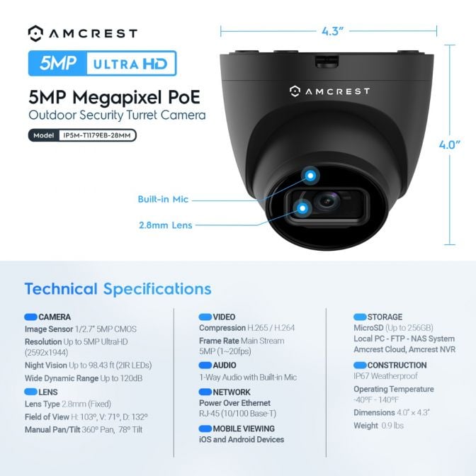 Amcrest 5MP Security System 4K 8CH PoE NVR 4x 5MP Turret PoE Cam 2TB Black