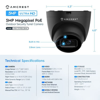 Amcrest 5MP Security System 4K 8CH PoE NVR 4x 5MP Turret PoE Cam 2TB Black