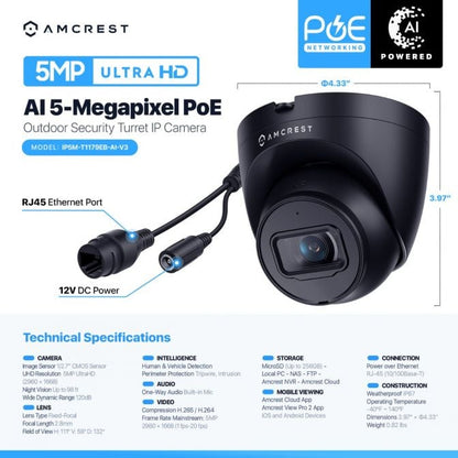 Amcrest ProHD Outdoor Security IP Turret PoE Camera, 5-Megapixel, 98ft NightVision
