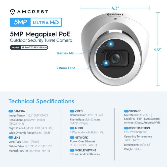 Amcrest 5MP Security Camera System 8CH PoE NVR 4x 5MP Turret PoE Cam