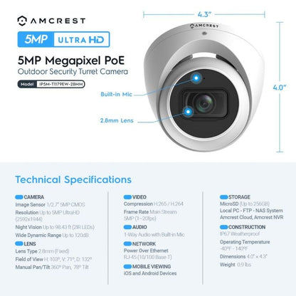 Amcrest ProHD Outdoor Security IP Turret PoE Camera, 5-Megapixel, 98ft NightVision