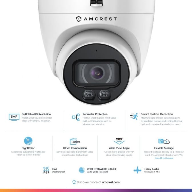 Amcrest 5MP Outdoor Night Color AI Turret PoE Camera, IP5M-T1273EW-AI