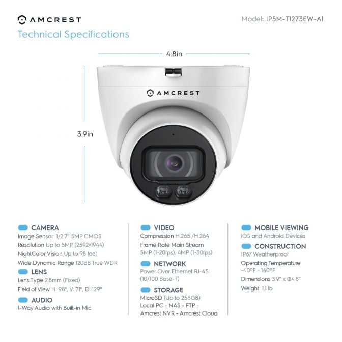 Amcrest 5MP Outdoor Night Color AI Turret PoE Camera, IP5M-T1273EW-AI