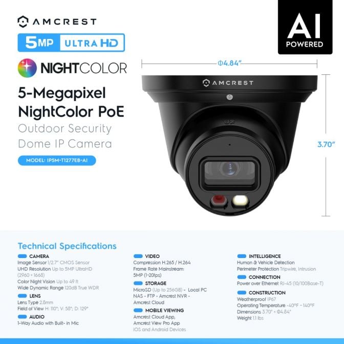 Amcrest 5MP Security Camera System, 4K 8CH PoE NVR, (4) x 5-Megapixel Night Color Turret POE IP Cameras, Active Deterrent, Pre-Installed 2TB Hard Drive