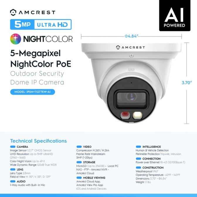Amcrest 5MP AI IP PoE Turret Cam IP5M-T1277EW-AI (White)