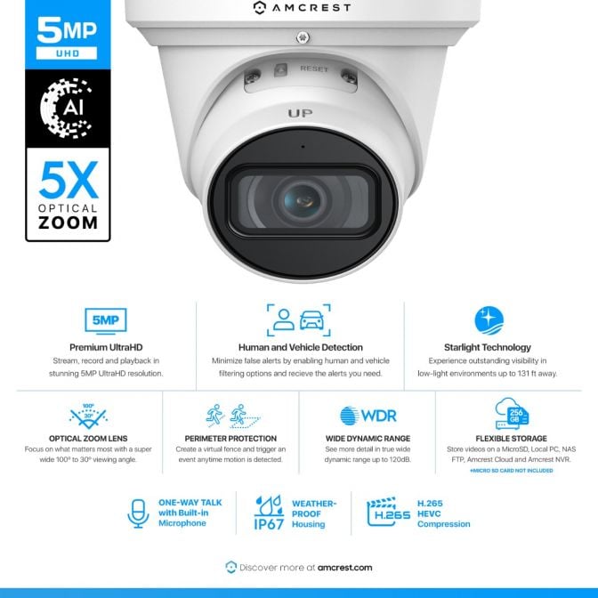 Amcrest 5MP AI IP PoE Camera Turret 5x Optical Zoom IP5M-VT1289EW-AI