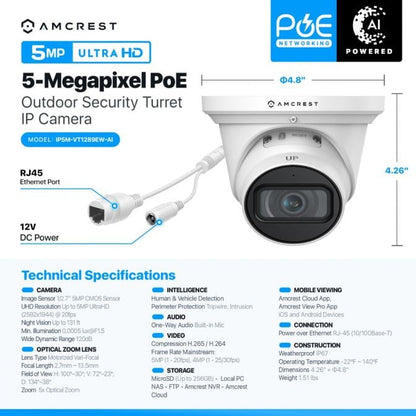 Amcrest 5MP AI IP PoE Camera Turret 5x Optical Zoom IP5M-VT1289EW-AI