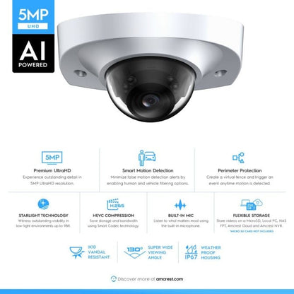 Amcrest 5-Megapixel Wedge IP PoE AI Camera, Security IP Camera Outdoor, Built-in Microphone