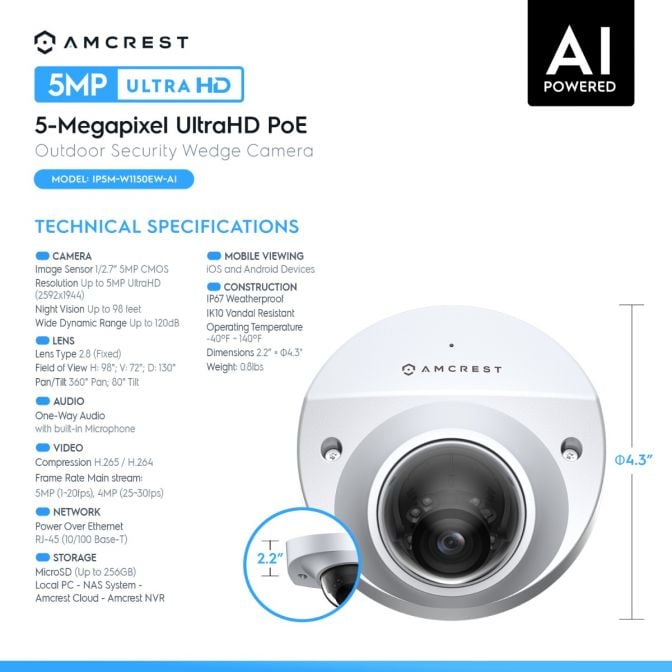 Amcrest 5-Megapixel Wedge IP PoE AI Camera, Security IP Camera Outdoor, Built-in Microphone