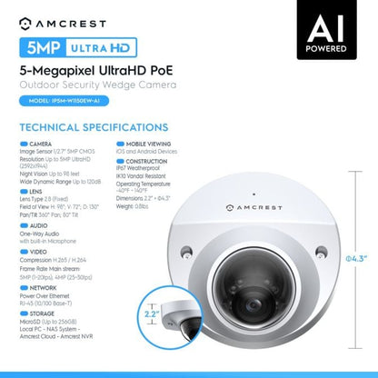 Amcrest 5-Megapixel Wedge IP PoE AI Camera, Security IP Camera Outdoor, Built-in Microphone