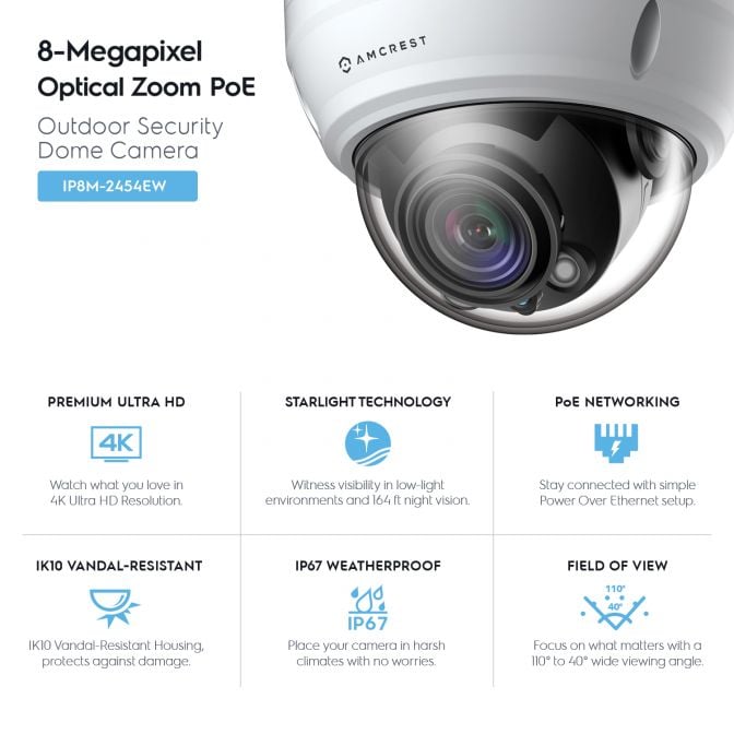 Amcrest UltraHD 4K Varifocal PoE Dome Outdoor Security Camera, 8MP (3264x2448), 164ft Night Vision, Motorized Varifocal Lens 58º-110º, White (IP8M-2454EW)