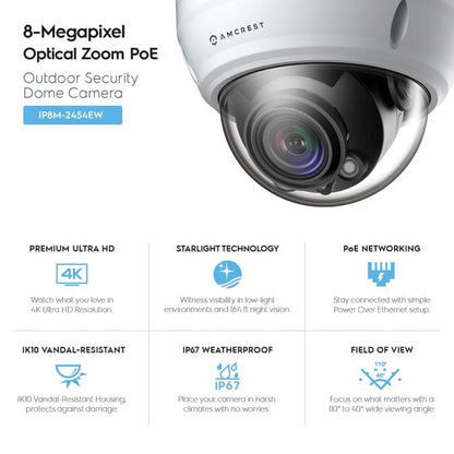Amcrest UltraHD 4K Varifocal PoE Dome Outdoor Security Camera, 8MP (3264x2448), 164ft Night Vision, Motorized Varifocal Lens 58º-110º, White (IP8M-2454EW)