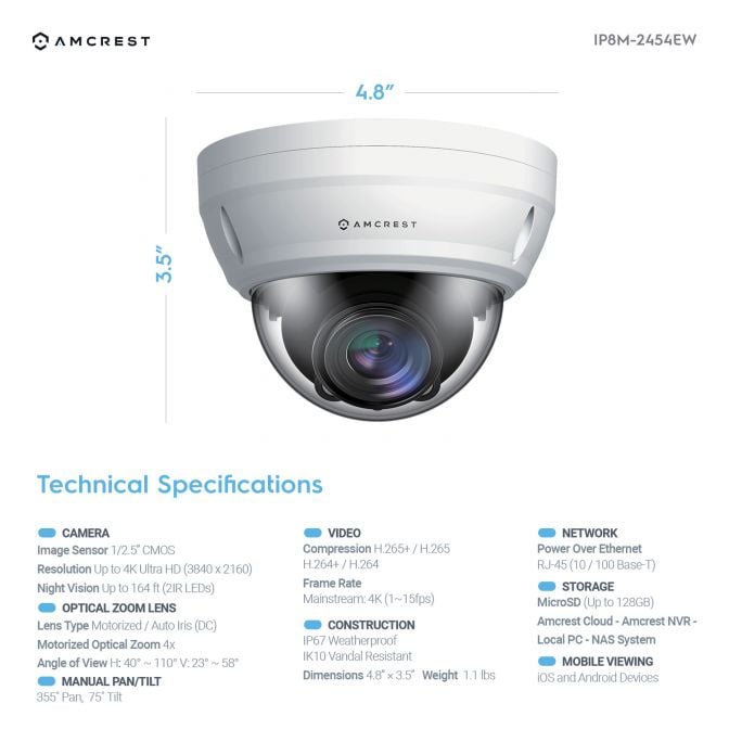 Amcrest UltraHD 4K Varifocal PoE Dome Outdoor Security Camera, 8MP (3264x2448), 164ft Night Vision, Motorized Varifocal Lens 58º-110º, White (IP8M-2454EW)