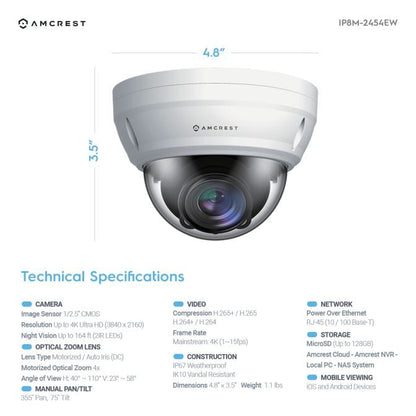 Amcrest UltraHD 4K Varifocal PoE Dome Outdoor Security Camera, 8MP (3264x2448), 164ft Night Vision, Motorized Varifocal Lens 58º-110º, White (IP8M-2454EW)
