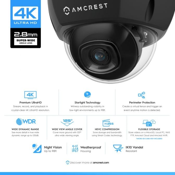 Amcrest 4K Security Camera System 8CH NVR 4x 4K Dome POE IP Cam 2TB Black